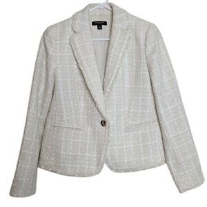 Ann Taylor Womens Ivory Plaid Fringe Tweed Single Breasted Blazer Jacket 4P Work